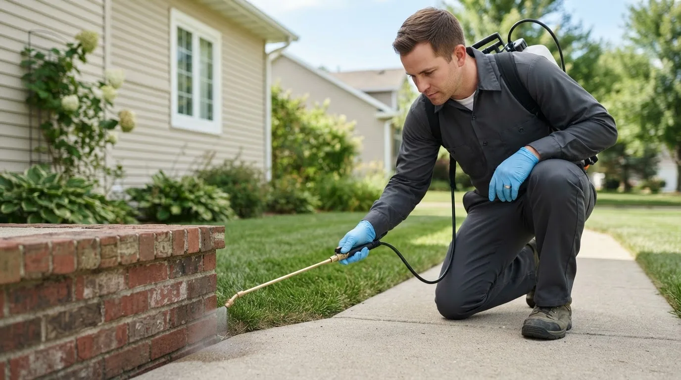 Pest control technician treating a home near Randlett, UT
